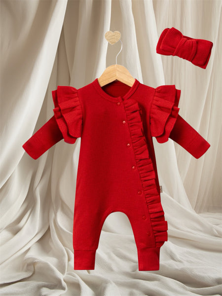 Ruffled Red Waffle-Knit Baby Romper with Bow Headband