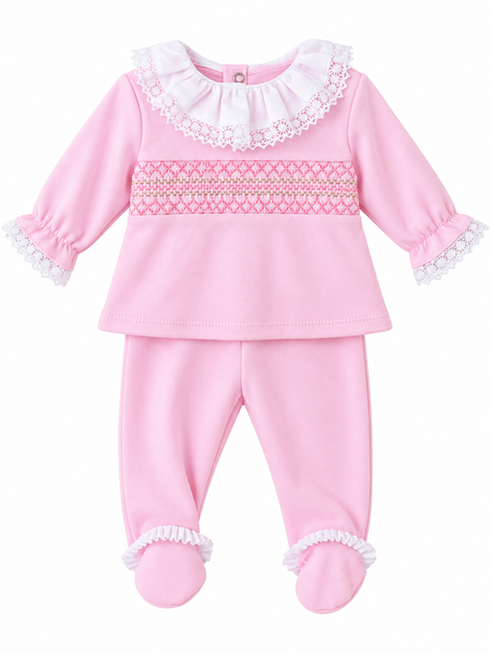 Baby Girls Pink Smocked Two-Piece Outfit with Lace Frill Collar & Footed Trousers