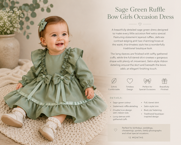 Sage Green Ruffle & Bow Baby Girls Occasion Dress