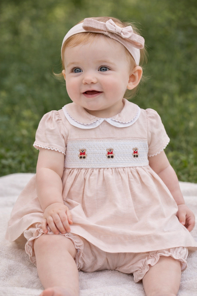 Baby Girl Beige Smocked Dress Set with Bloomers & Headband – Classic Teddy Bear Outfit