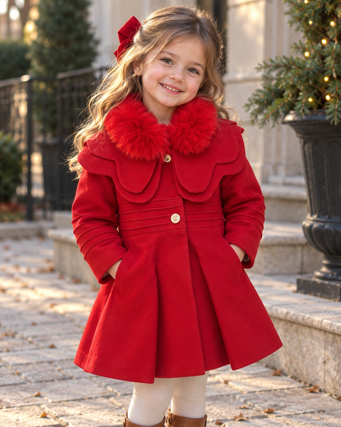 Girls Luxury Red Faux Fur Collar Coat – Elegant Princess Winter Coat