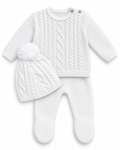 White Cable Knit 3 Piece Baby Outfit Set with Pom Pom Hat