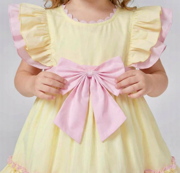 Wee Me Baby Girls Lemon & Pink Frill Dress with Bow Headband – Traditional Summer Party Dress