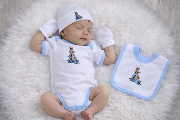 Baby Boys Beatrix Potter Peter Rabbit All in One Vest, Bib & Hat Embroidered Set
