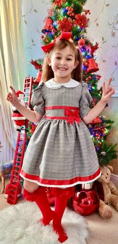 Beautiful Girls  Hand made dress grey check   with red ribbon trim