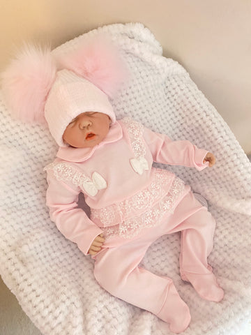 Frilly Pink spanish style lace trim All In One BabyGrow
