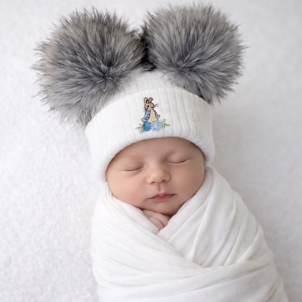 Peter Rabbit Baby Boys luxury faux fur Double Pom Pom Hat - White/ grey poms