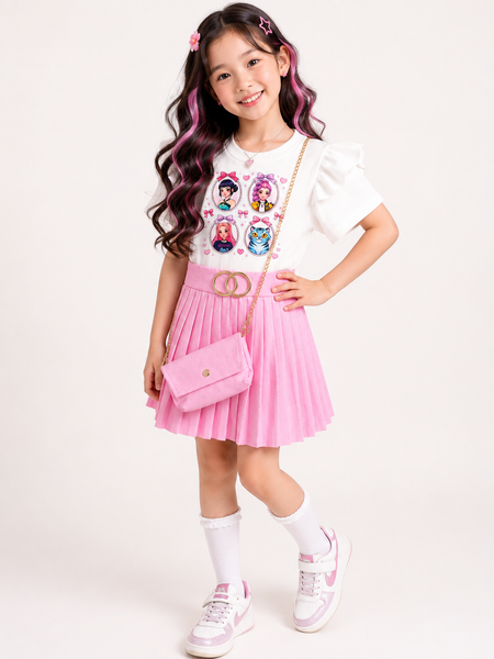 K-Pop Pink Pleated Skirt, Graphic Top & Mini Bag Set for Girls
