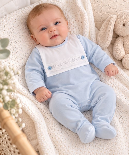 Baby Boys Blue & White Lace Detail All-in-One Babygrow