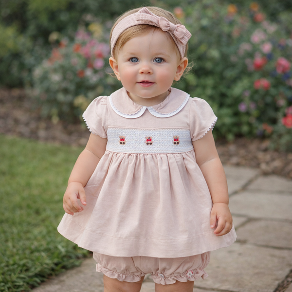 Baby Girl Beige Smocked Dress Set with Bloomers & Headband – Classic Teddy Bear Outfit