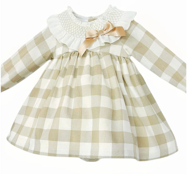 Baby Girl Camel Check Big Frilly Smocked Collar Dress with Pants