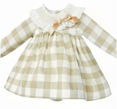 Baby Girl Camel Check Big Frilly Smocked Collar Dress with Pants
