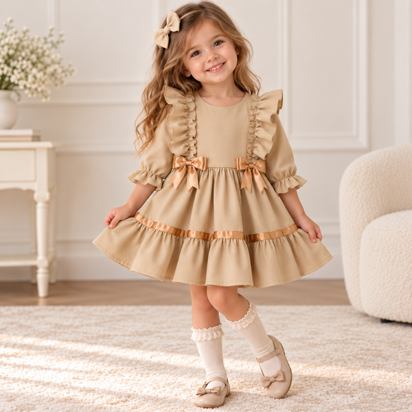 Amelia Ruffle & Bow Girls Dress – Champagne Beige