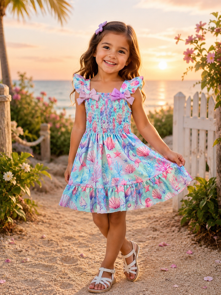 Girls Mermaid Seashell Smocked Summer Dress with Bow Straps
