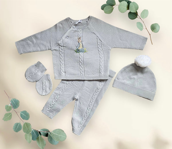 Peter Rabbit Baby Boys 4 piece fine knit Outfit  pram suit - Grey