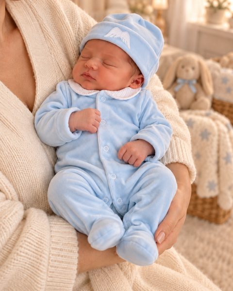 Baby Blue Velour Angel Wings Babygrow & Matching Hat Set