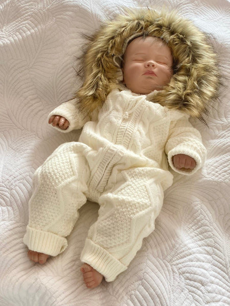 Cozy Knit Baby Onesie with Faux Fur Hood – Winter White