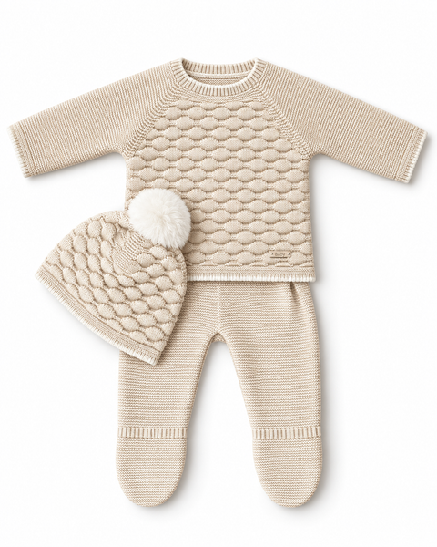Cream Honeycomb Knit Baby 3 Piece Set