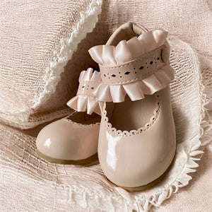 Beige Patent Baby Shoes with Ruffle Strap