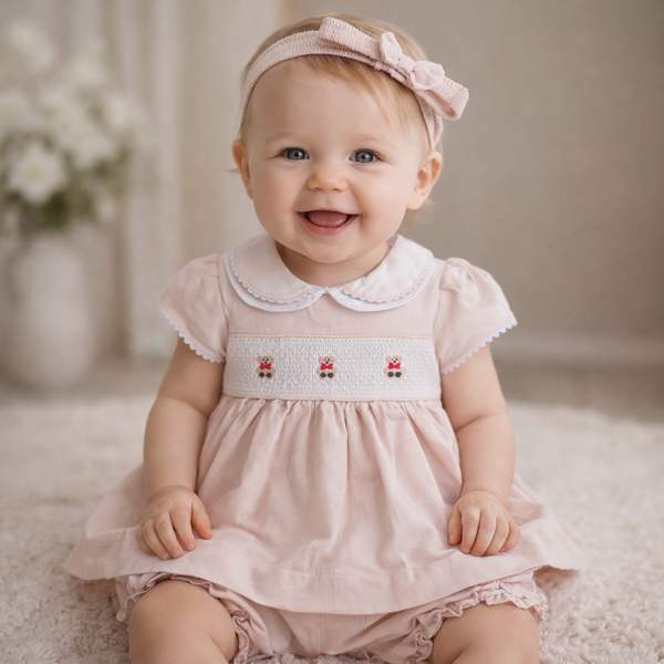 Baby Girl Beige Smocked Dress Set with Bloomers & Headband – Classic Teddy Bear Outfit