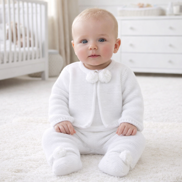 Dandelion Knitted Pom Pom pram suit Outfit - White