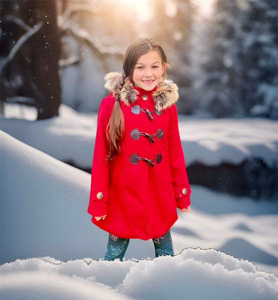 Girls Wool style Toggle Coat With Fur Trim - Red