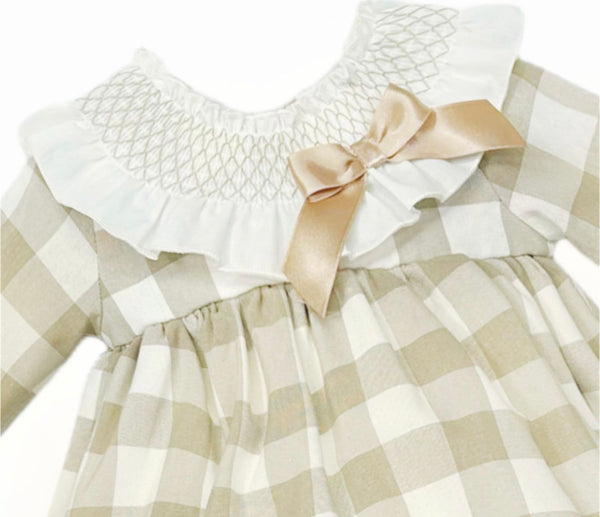 Baby Girl Camel Check Big Frilly Smocked Collar Dress with Pants
