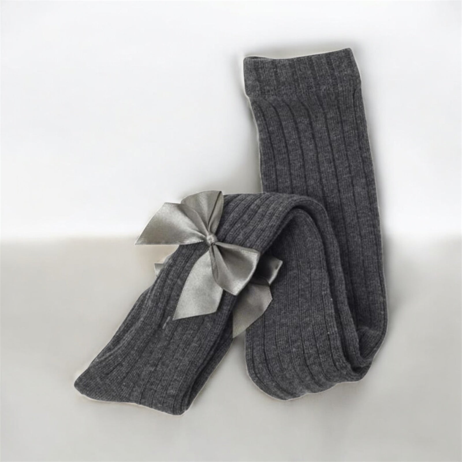 Girls Ribbed Bow Tights - Grey