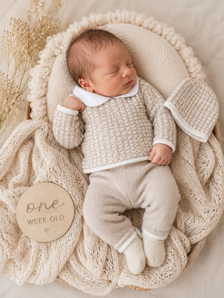 Little Beau 3-Piece Knitted Baby Set – Oatmeal & Ivory