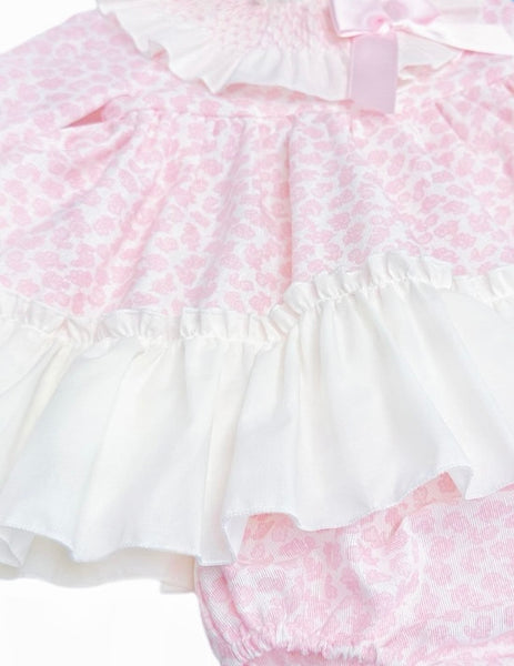 Baby Girls luxury flare dress  Smocked Collar with ribbon  with Bloomers