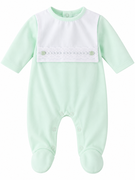 Unisex Baby Mint Green & White Lace Bib Footed Sleepsuit