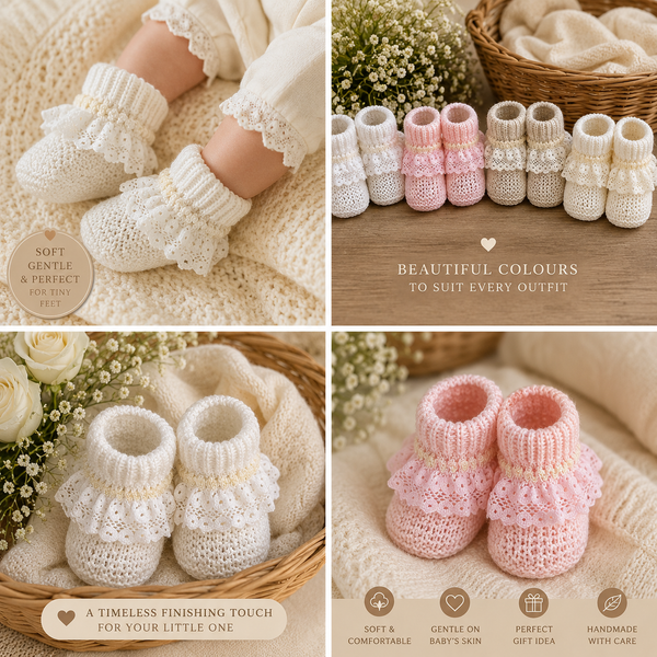 Knitted Frilly Baby Booties – Pink, White, Ivory & Beige