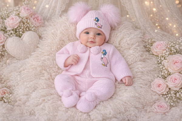 Jemima Puddleduck Pom Pom Knitted Outfit pram suit