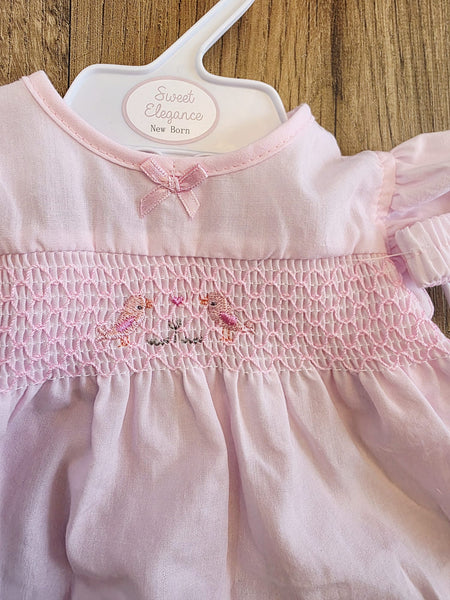 Baby Girl Pink Smocked Dress Set with Embroidered Detail & Matching Headband