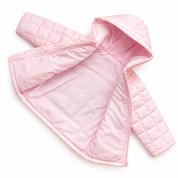 Girls Pink Quilted Hooded Coat – Ruffle Pocket Jacket