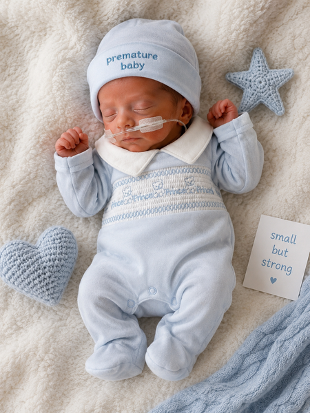 Tiny Chick Baby Blue Smocked Velour Sleepsuit with Hat – Premature / Tiny Baby Outfit