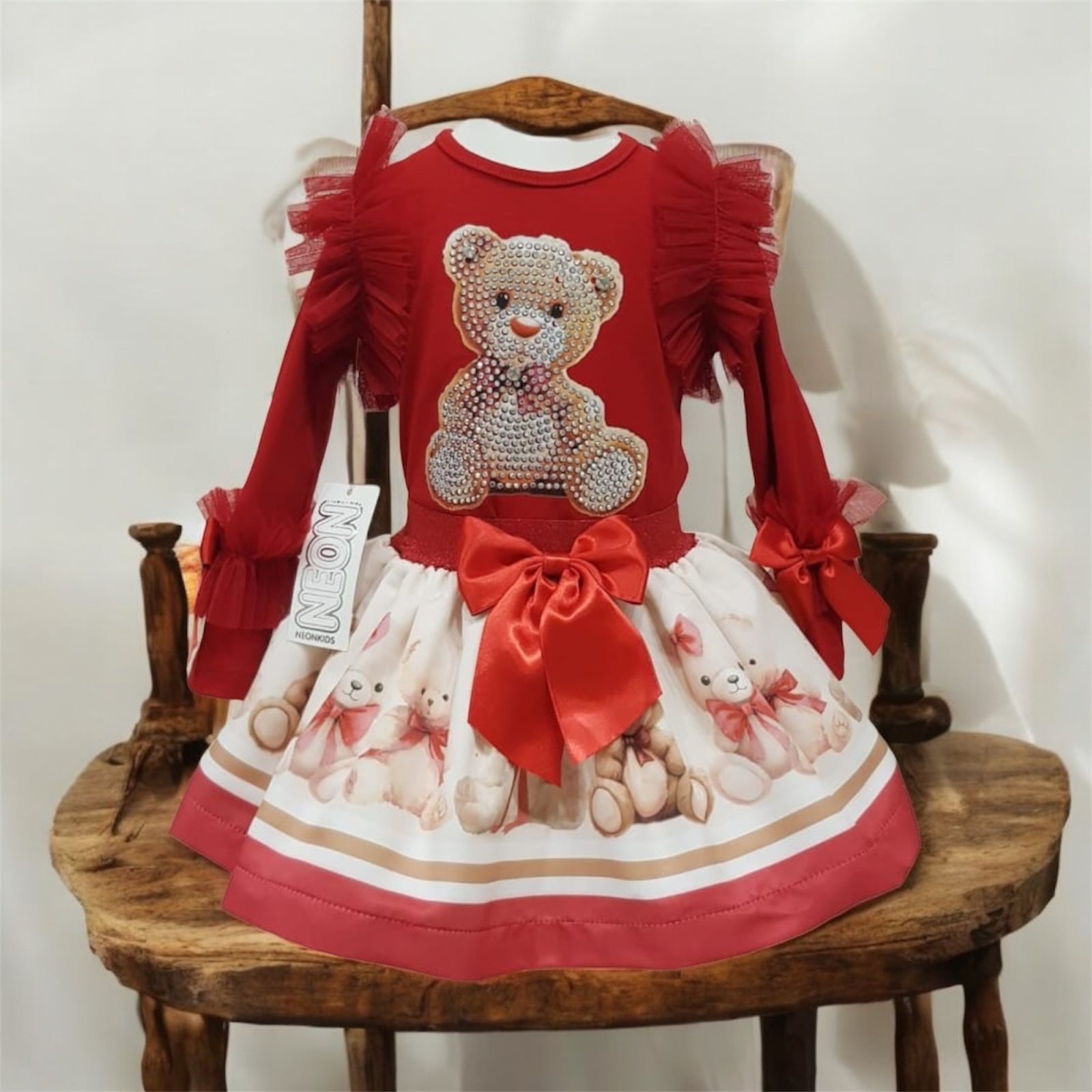 Teddy Bear Glam Top and Skirt Set – Red Rhinestone with Satin Bow