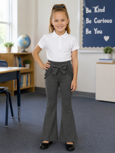 Girls Bow Flare School Trousers – Navy & Grey | Stretch School Uniform Pants