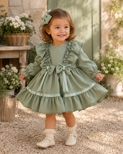 Sage Green Ruffle Bow Girls Occasion Dress