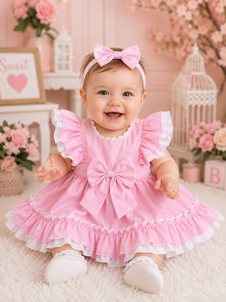 Wee Me Baby Girls Pink Frill Dress with Bow – Traditional Party Dress