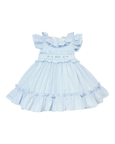 Baby Girls Hand Smocked Frilly Puff Ball Dress Blue