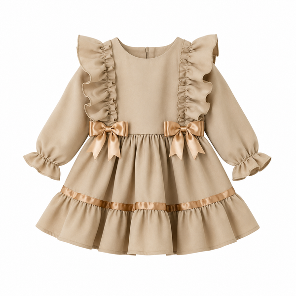 Amelia Ruffle & Bow Girls Dress – Champagne Beige