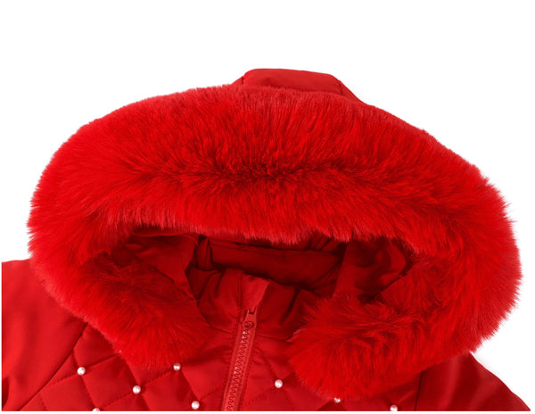 Wee Me Baby Girl Long Red Puff Coat with Fur Hood large fitting