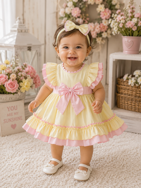 Wee Me Baby Girls Lemon & Pink Frill Dress with Bow Headband – Traditional Summer Party Dress
