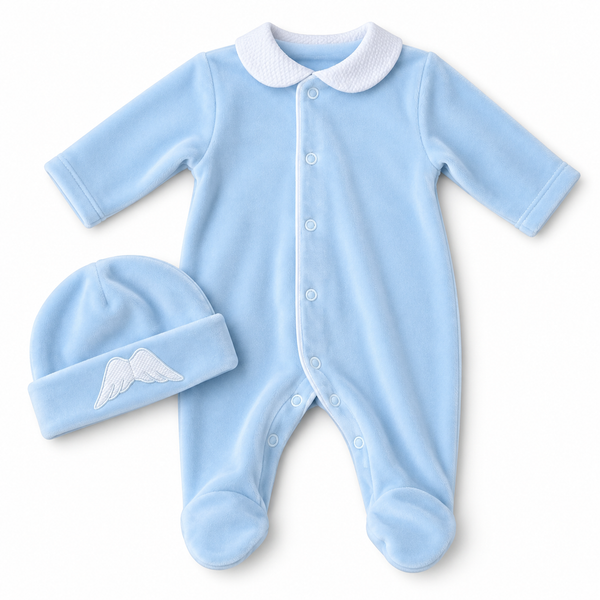 Baby Blue Velour Angel Wings Babygrow & Matching Hat Set