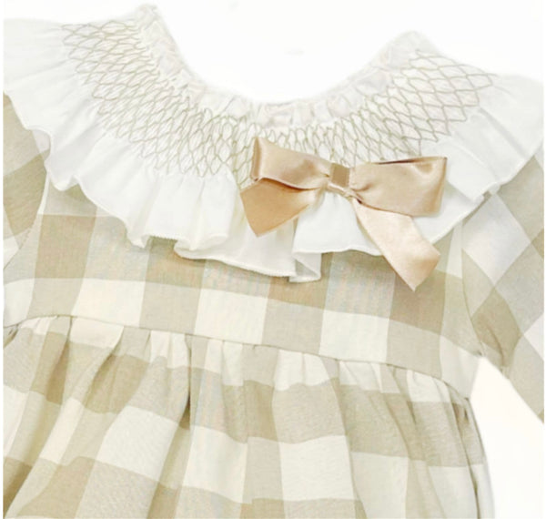 Wee Me Baby Girls Checked Romper with large Smocked  Collar  and bow