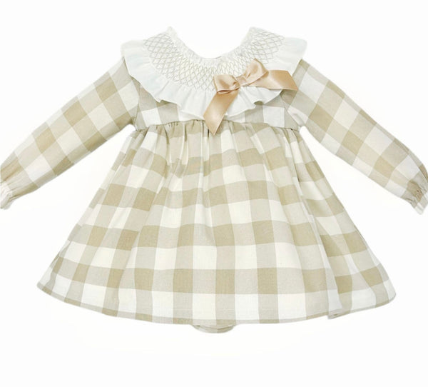 Baby Girl Camel Check Big Frilly Smocked Collar Dress with Pants