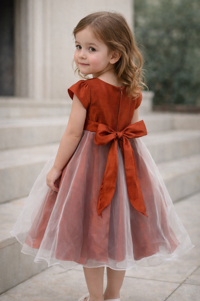 Elegant Satin & Tulle Girls Party Dress with Bow Back – Rust Red