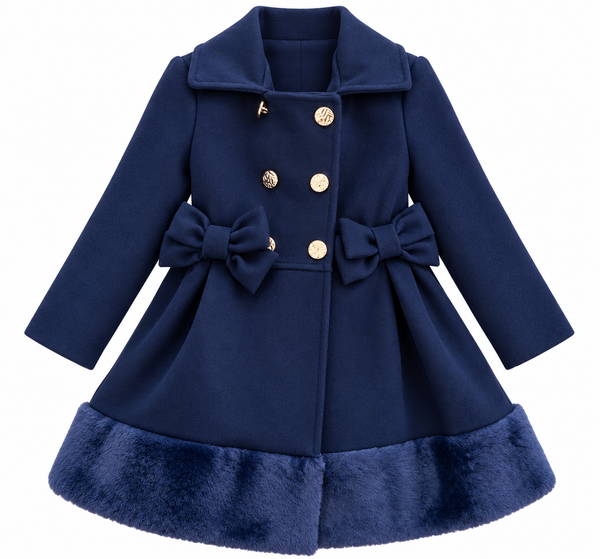 Girls’ Navy Bow Detail Faux Fur Trim Coat