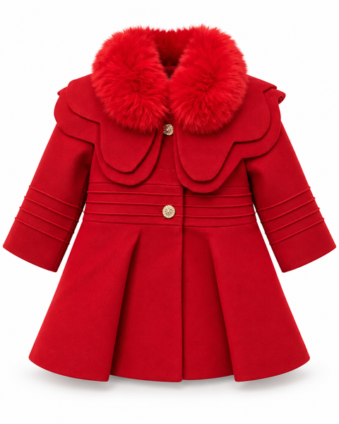 Girls Luxury Red Faux Fur Collar Coat – Elegant Princess Winter Coat